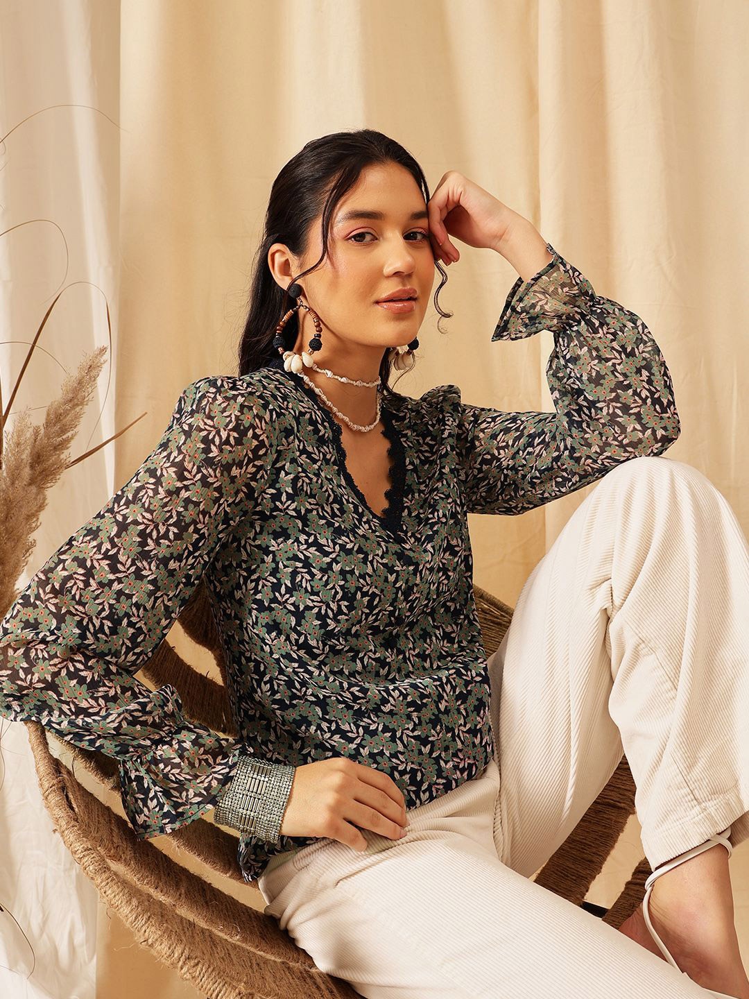 

QUIERO Navy blue Floral Print V-Neck lace-UP Regular Top