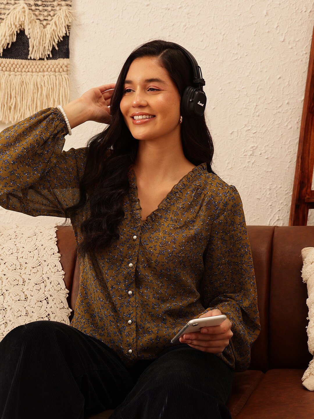 

QUIERO Mustard Animal Printed Ruffles Georgette Top