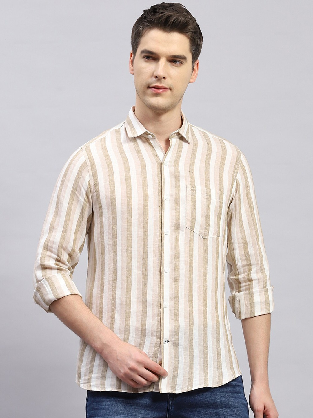 

Monte Carlo Vertical Striped Comfort Opaque Casual Shirt, Brown