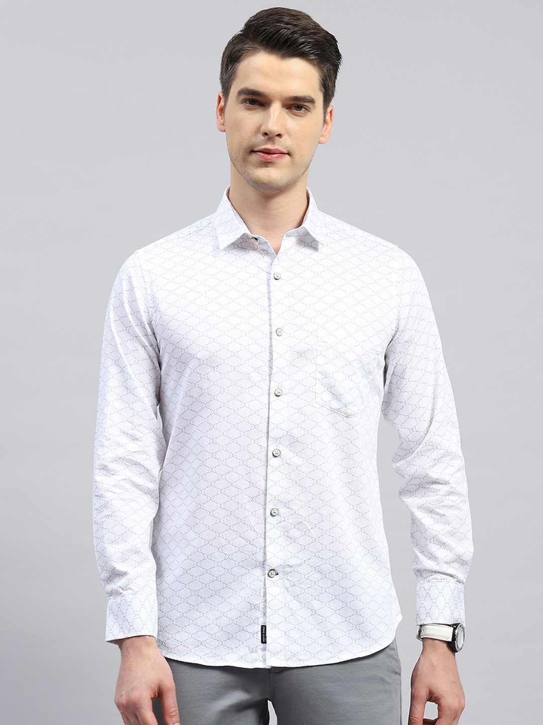 

Monte Carlo Comfort Opaque Geometric Printed Cotton Casual Shirt, White
