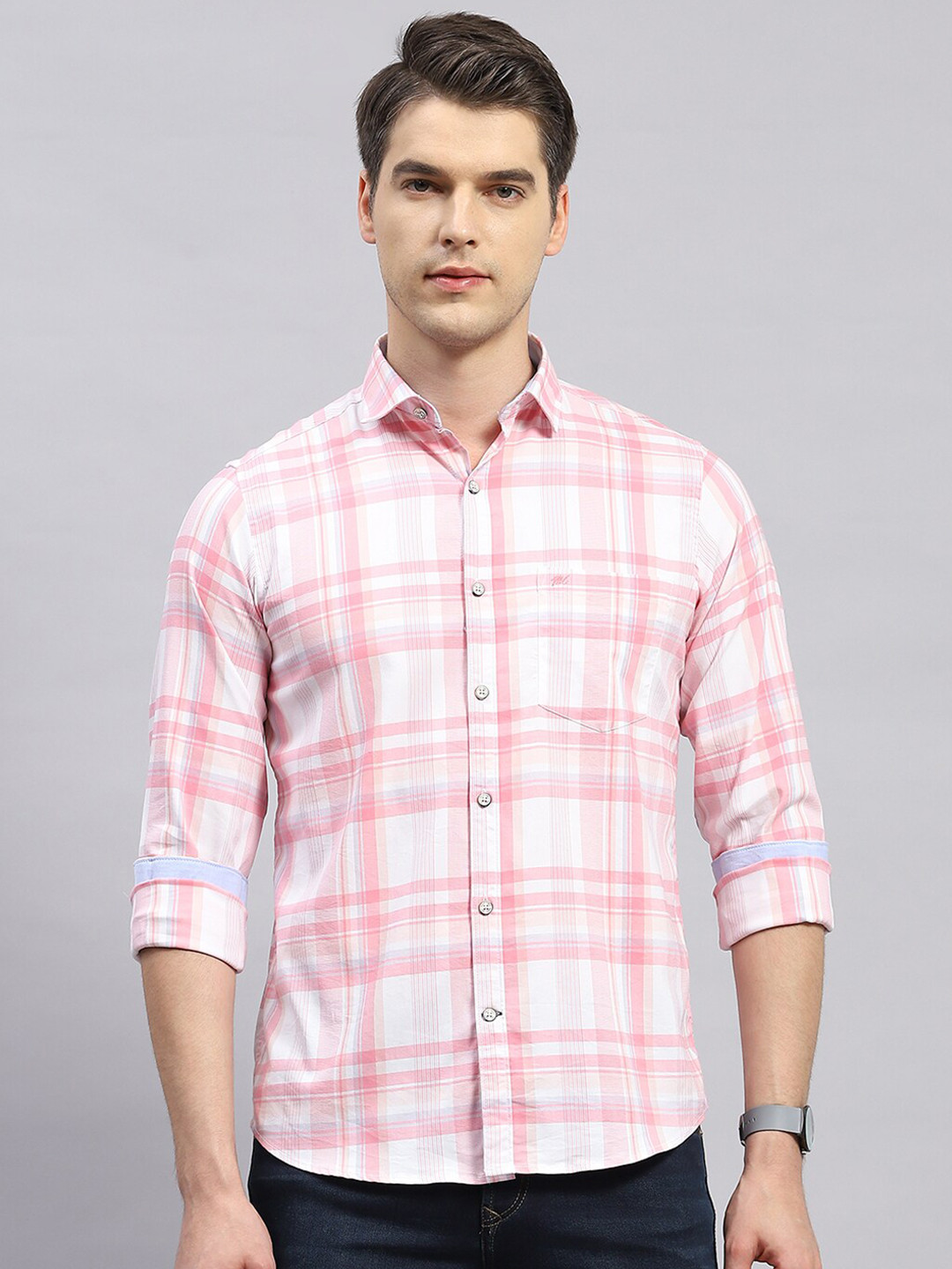 

Monte Carlo Comfort Tartan Checks Opaque Checked Cotton Casual Shirt, Pink