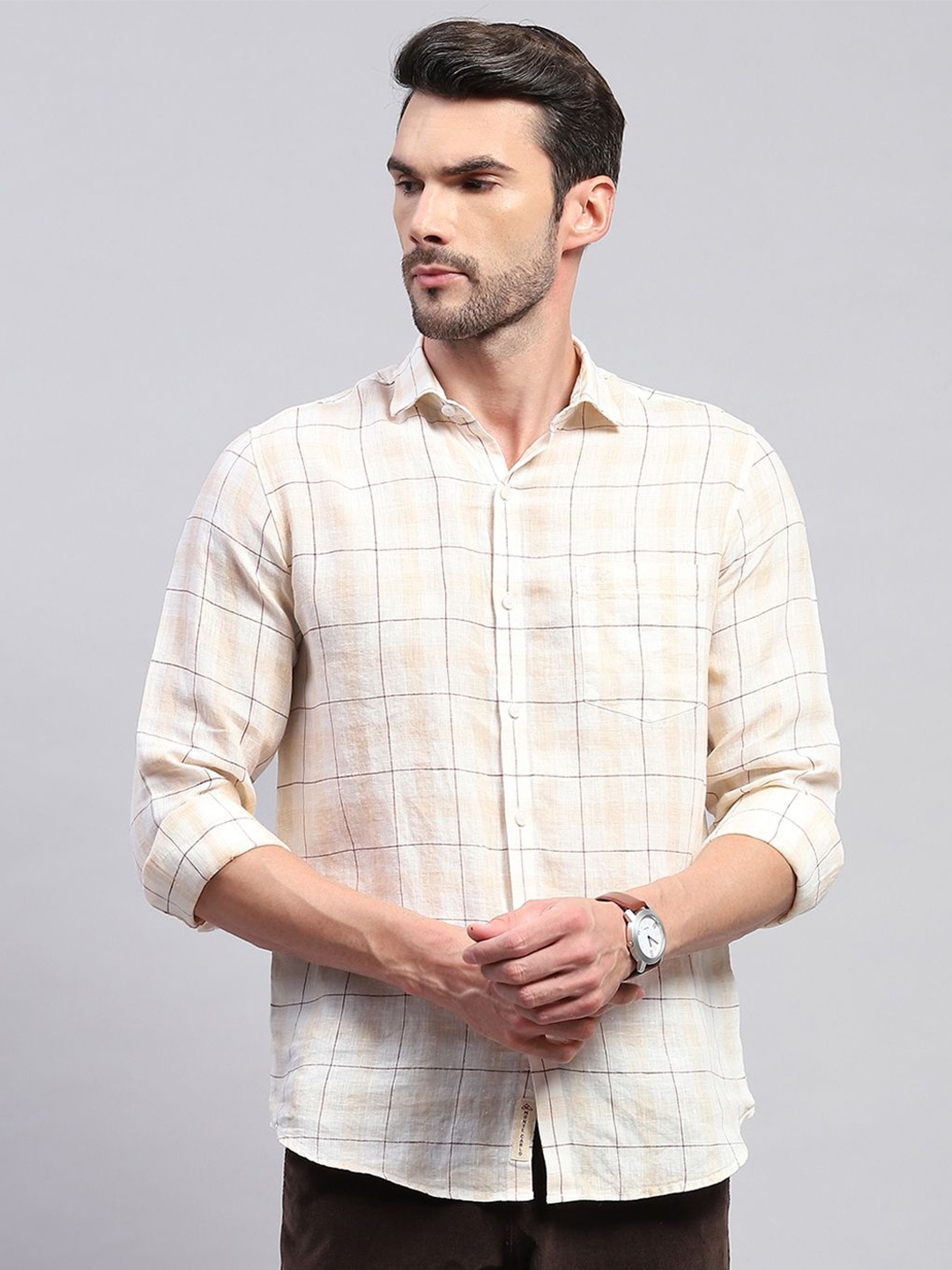 

Monte Carlo Windowpane Checked Comfort Opaque Casual Shirt, Beige