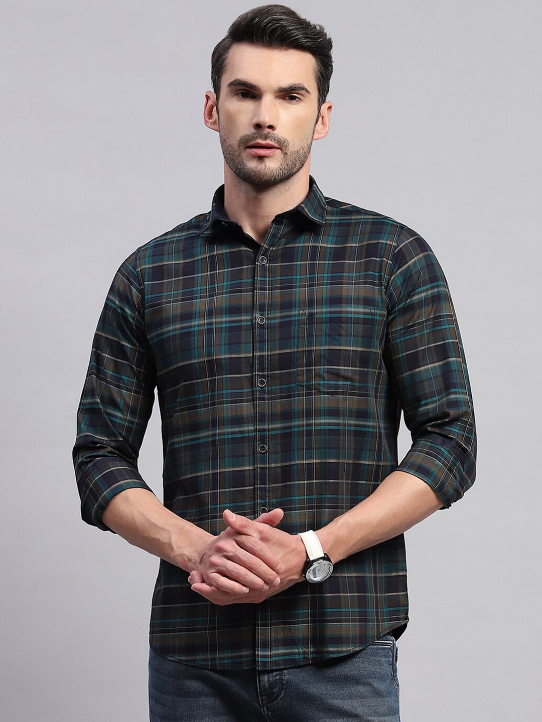 

Monte Carlo Comfort Tartan Checks Cotton Casual Shirt, Green