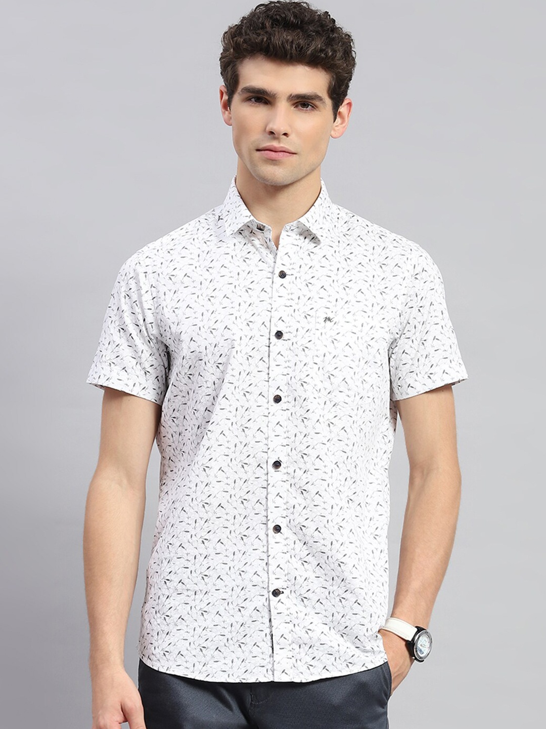 

Monte Carlo Comfort Spread Collar Opaque Printed Cotton Casual Shirt, Off white