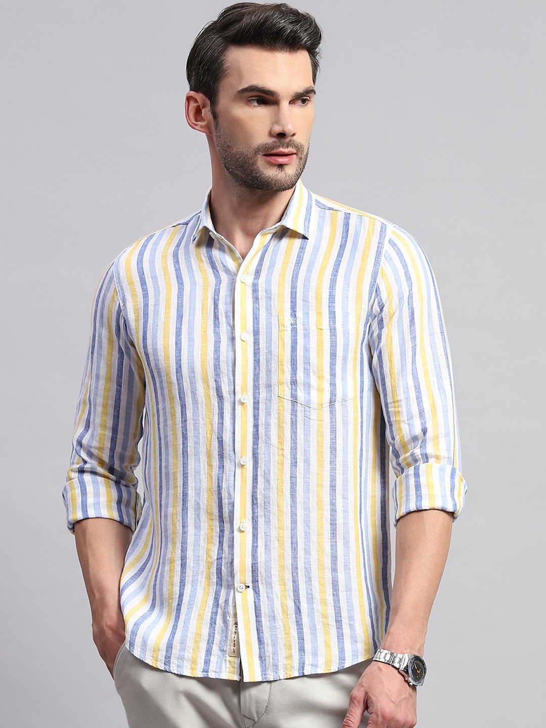 

Monte Carlo Comfort Opaque Striped Cotton Casual Shirt, Blue