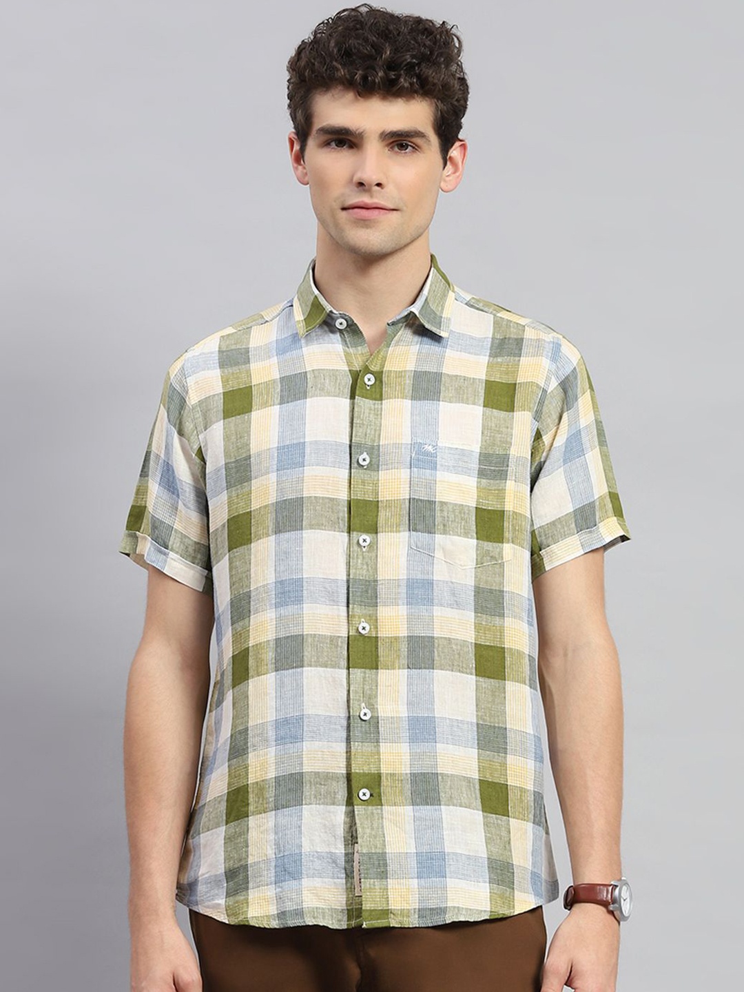 

Monte Carlo Comfort Gingham Checks Opaque Checked Cotton Casual Shirt, Olive