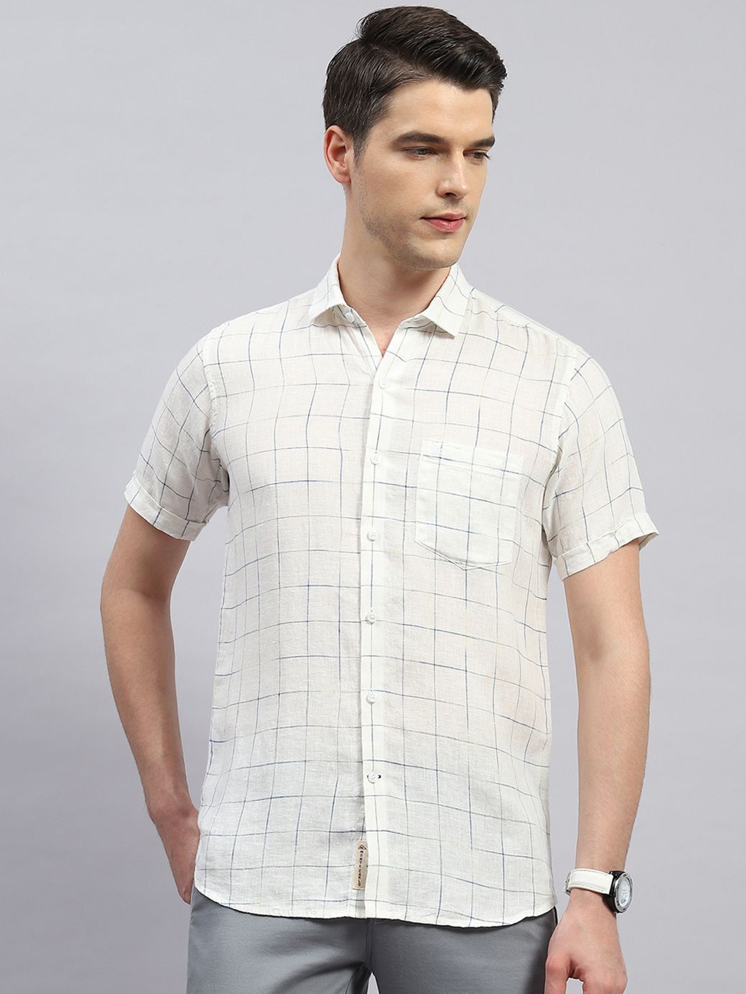 

Monte Carlo Comfort Windowpane Checks Opaque Checked Cotton Casual Shirt, White