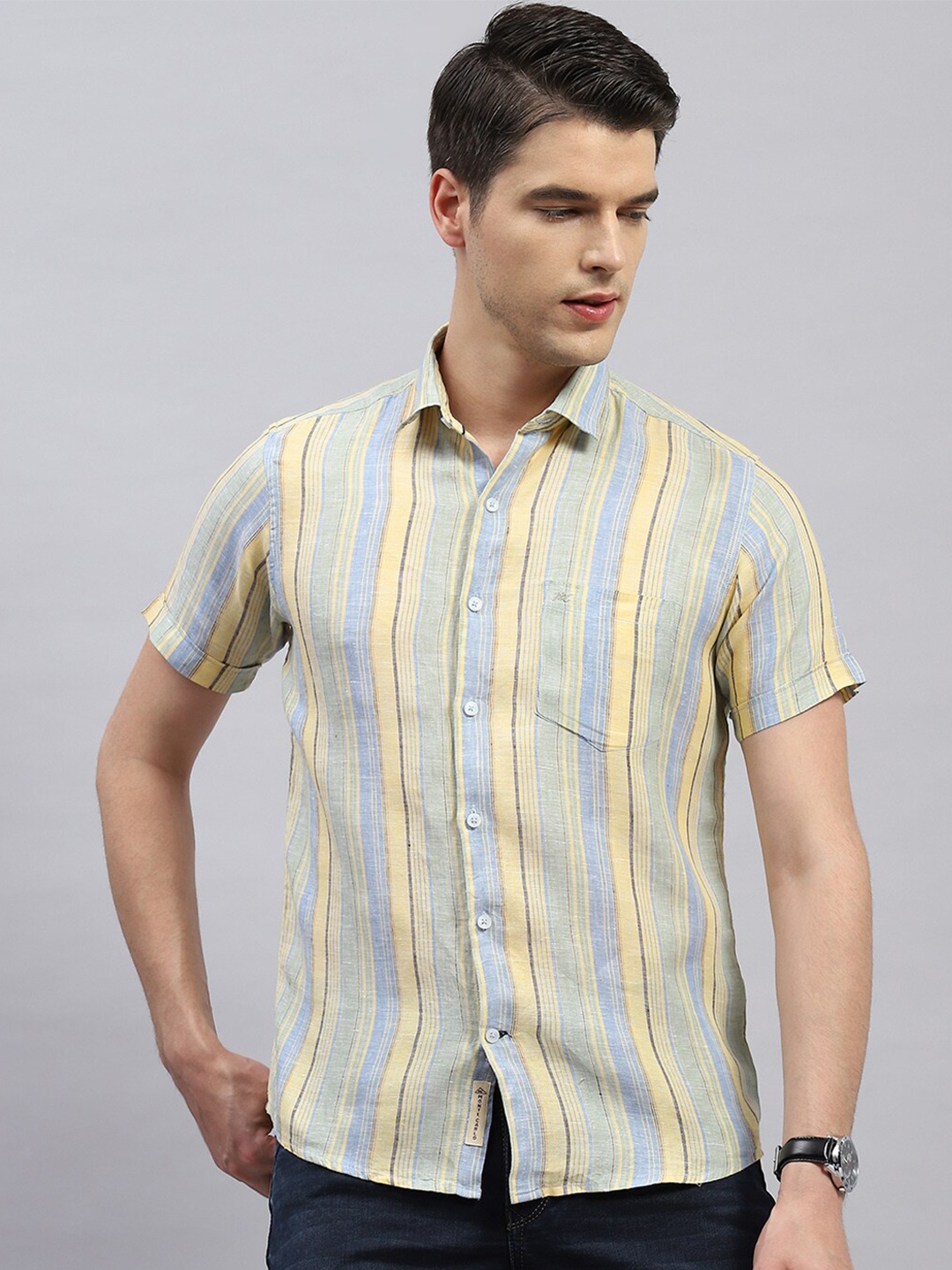 

Monte Carlo Comfort Multi Stripes Linen Casual Shirt, Blue