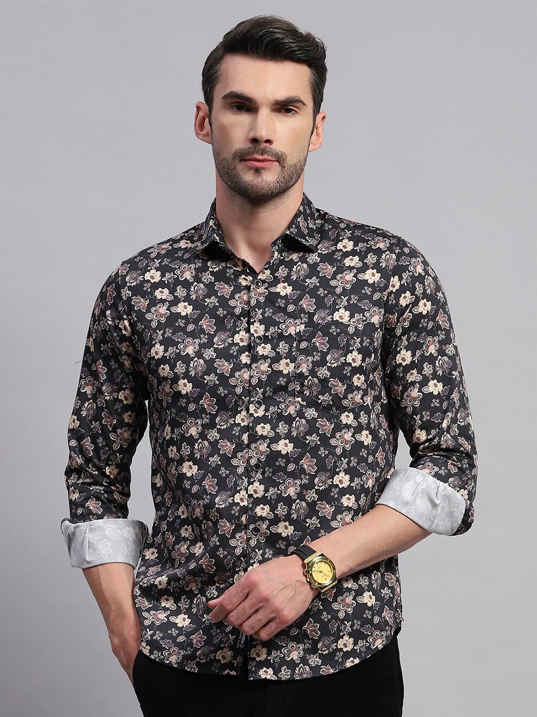 

Monte Carlo Comfort Floral Opaque Printed Cotton Casual Shirt, Black