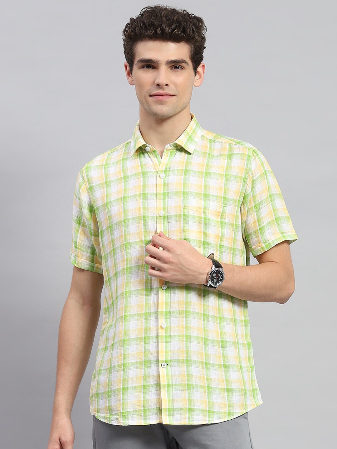 

Monte Carlo Comfort Tartan Checks Opaque Linen Casual Shirt, Green