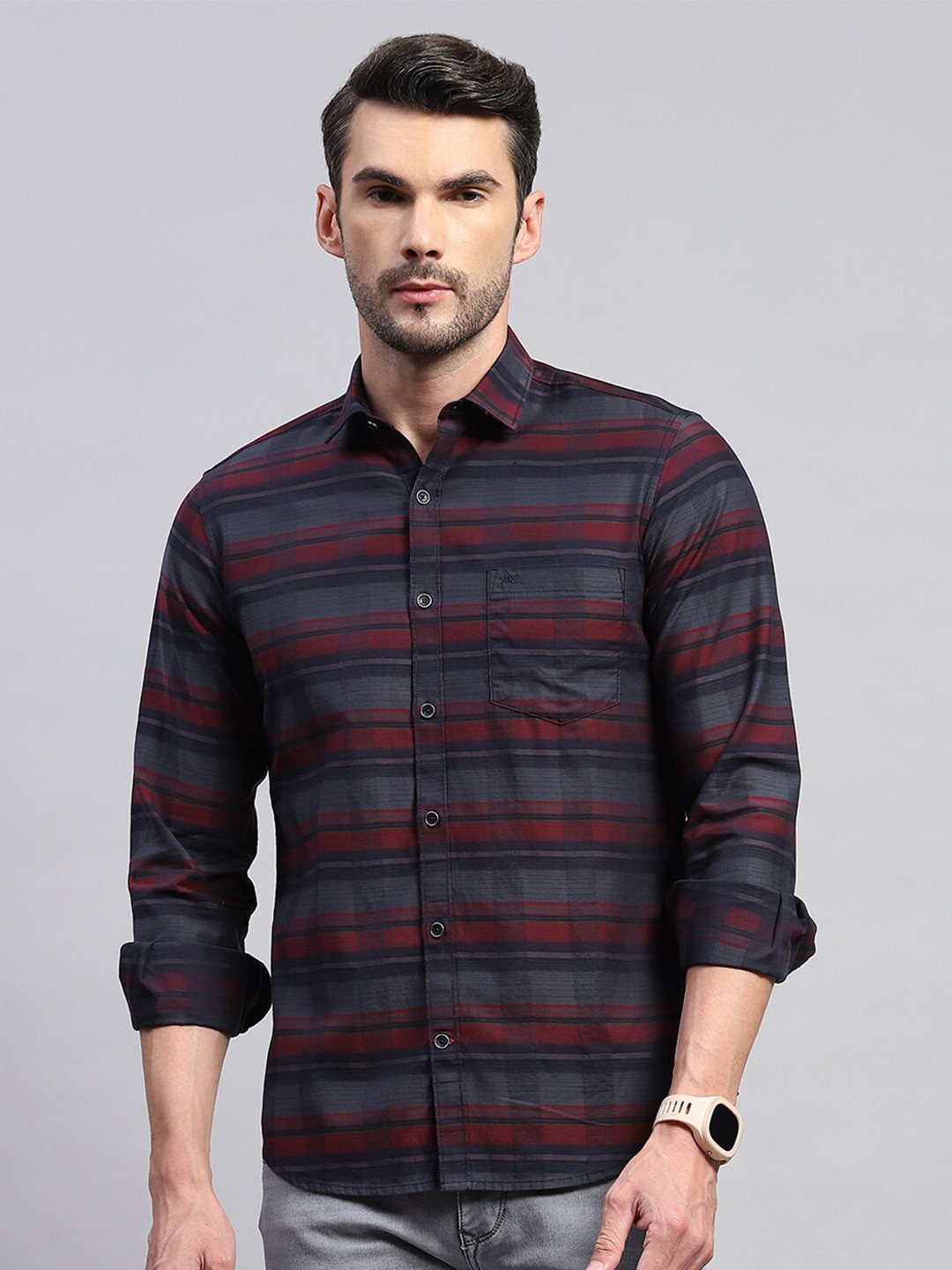 

Monte Carlo Comfort Horizontal Stripes Cotton Casual Shirt, Maroon