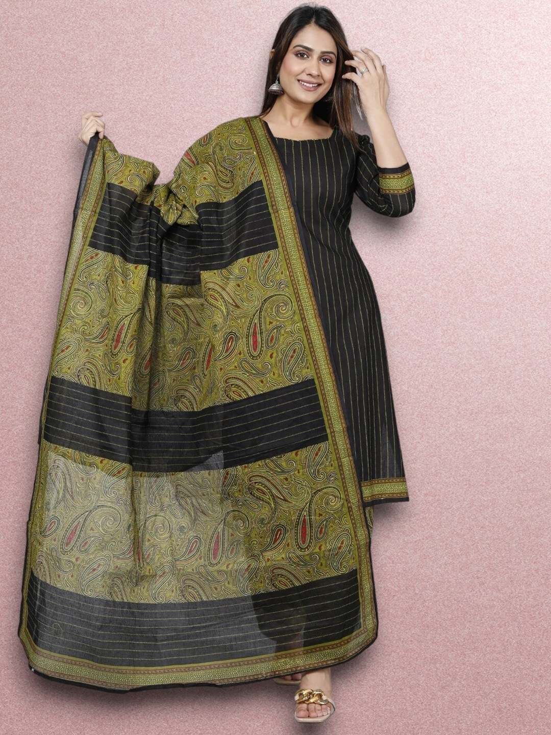 

Jevi Prints Striped Round Neck Pure Cotton Straight Kurta with Patiala & With Dupatta, Brown