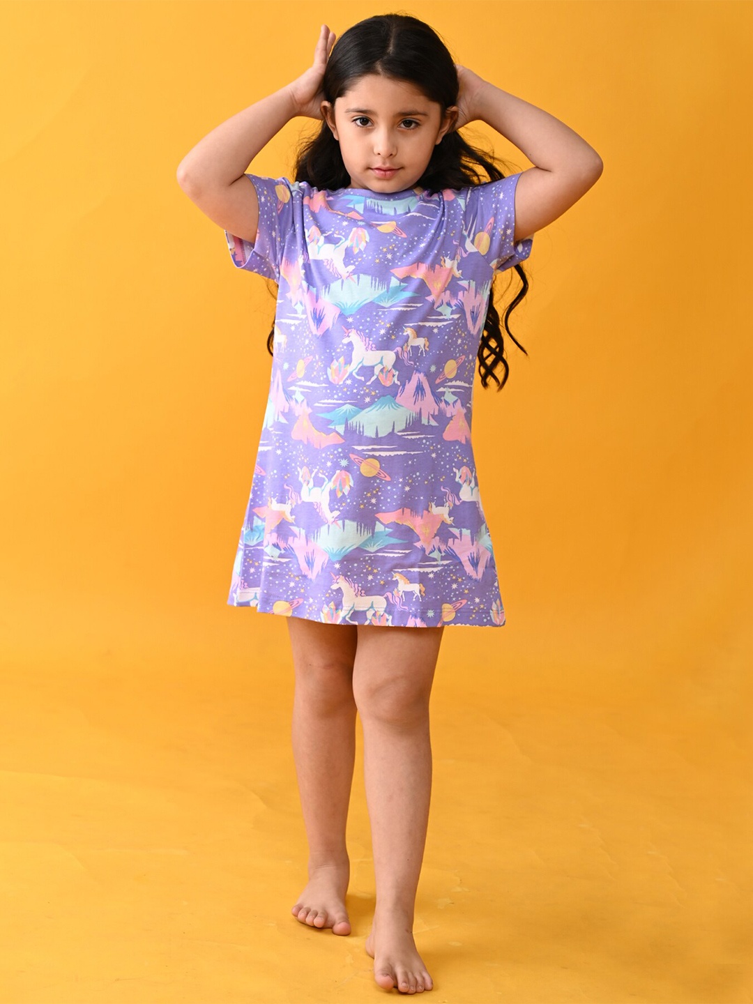 

Anthrilo Girls Graphic Printed Nightdress, Purple