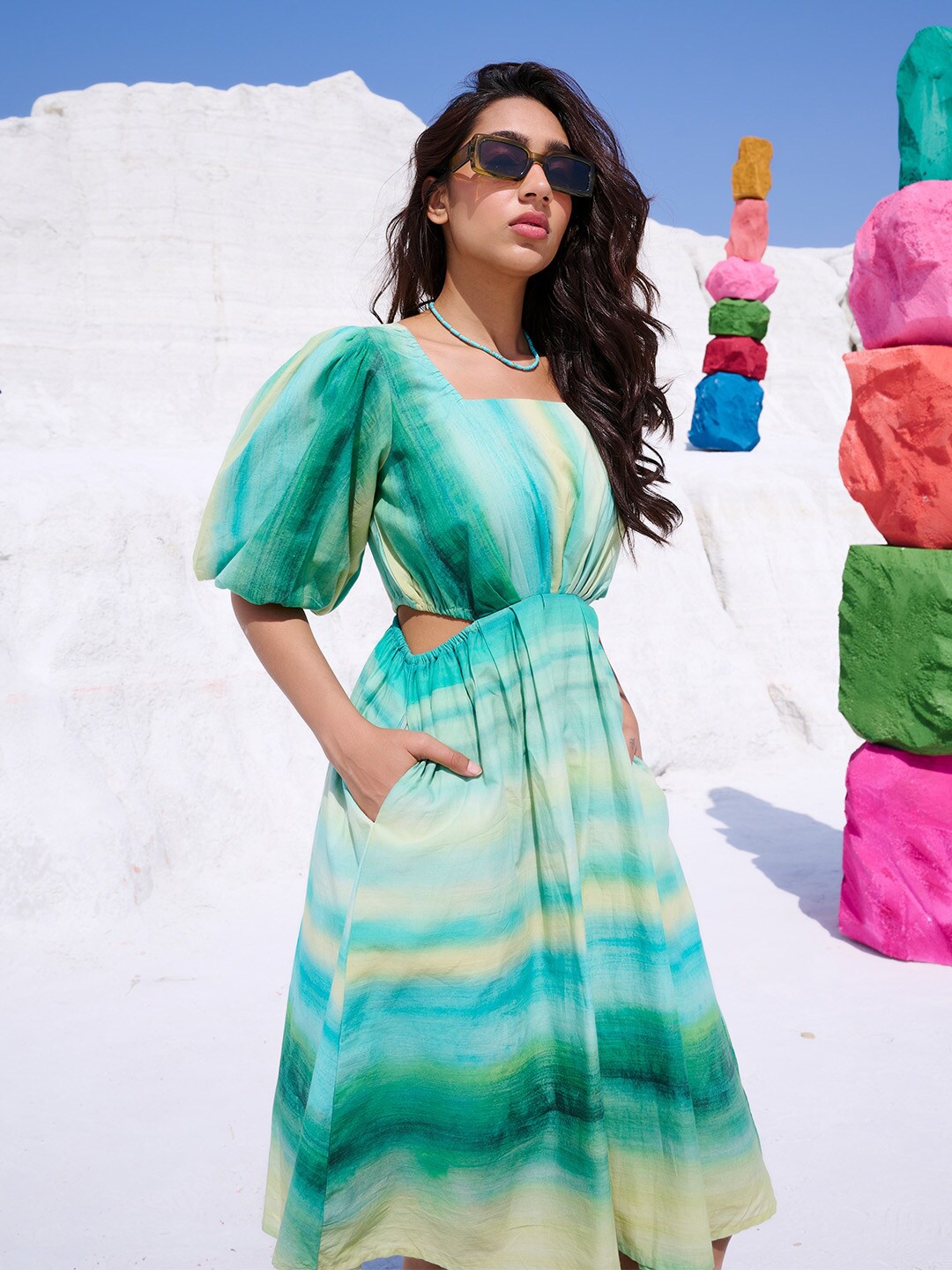 

Zaccai Women's Multicolor Cotton Abstract Fit & Flare side Cut-Out Detail Dress., Green