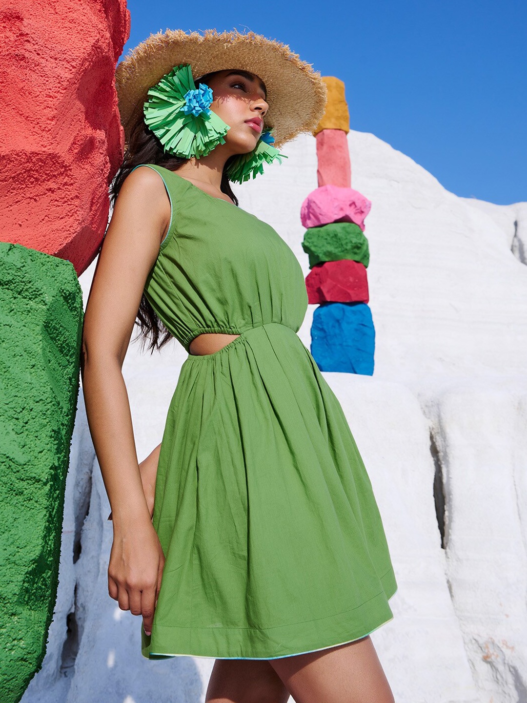 

Zaccai Women's Green Cotton Solid Fit & Flare Mini Dress