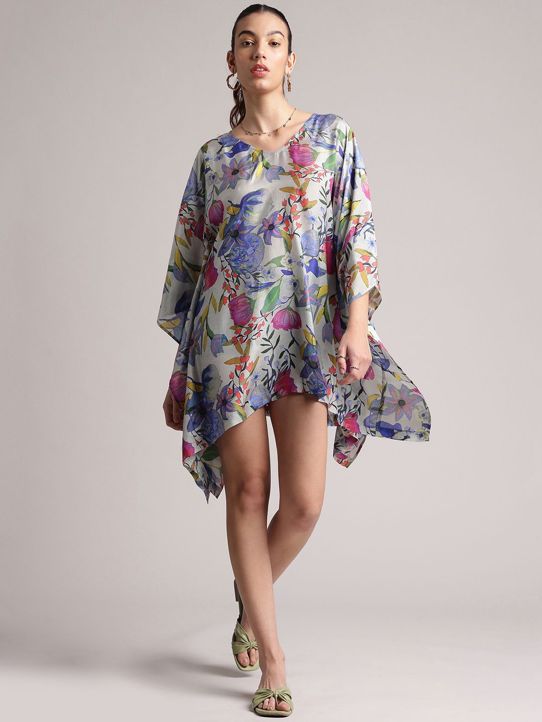 

Zaccai Women's Muslin Tropical Floral Printed Kimono Sleeve Kaftan Dress, Grey