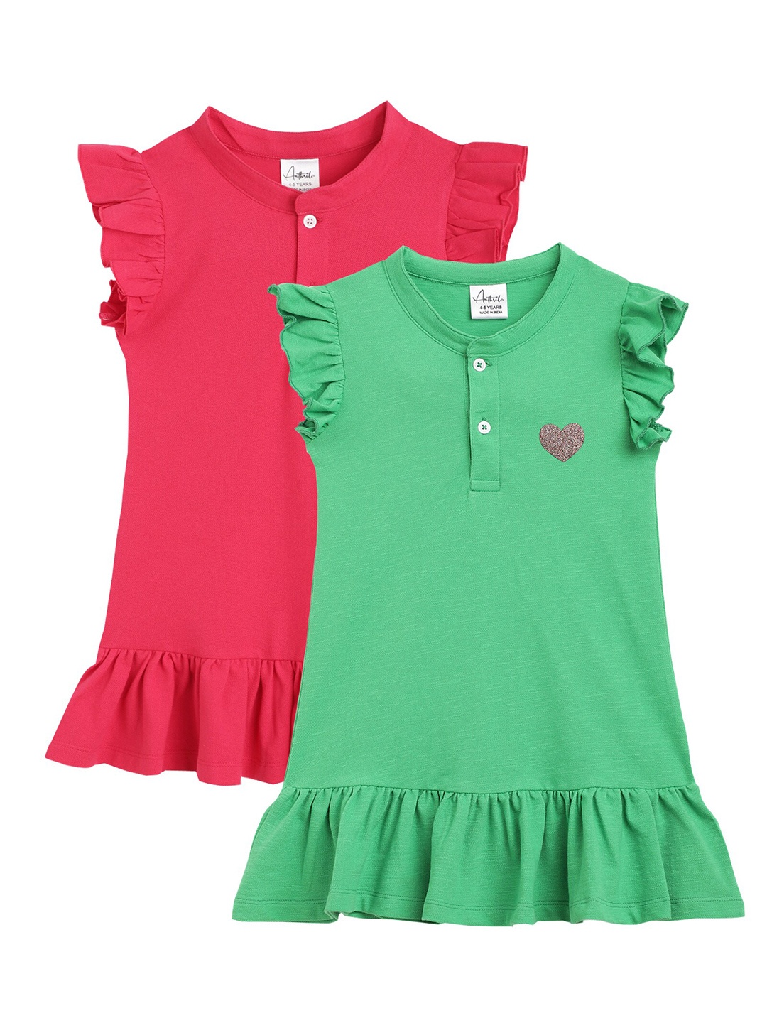 

Anthrilo Girls Pack Pf 2 Flutter Sleeve Cotton T-shirt Dress, Green