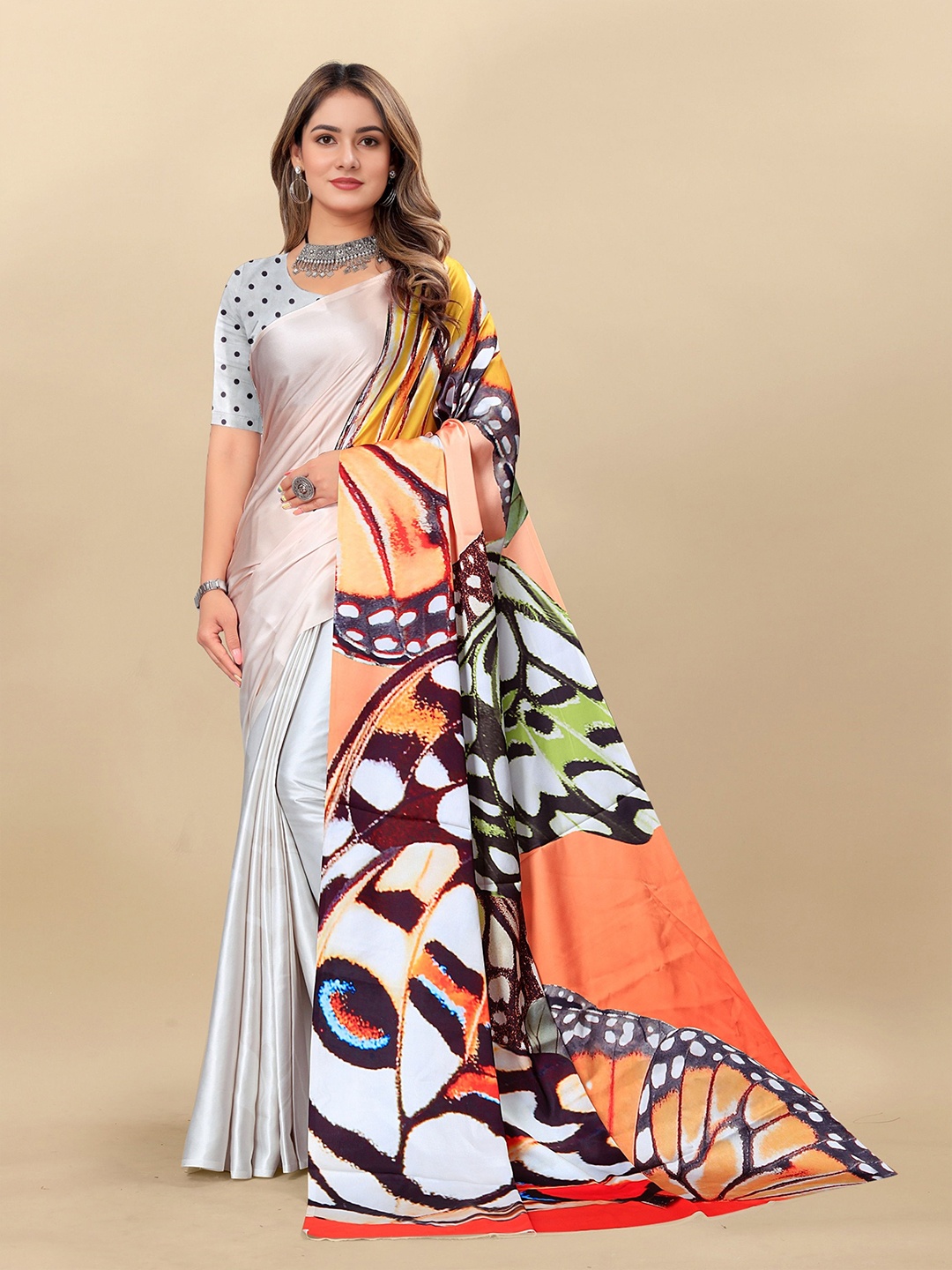 

KALINI Satin Leheriya Saree, White