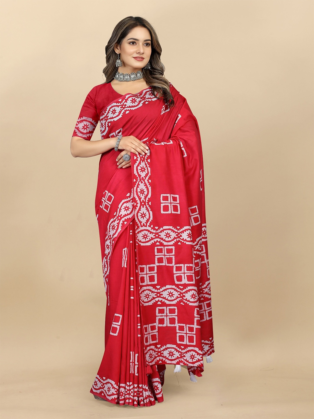 

KALINI Batik Pure Cotton Saree, Red