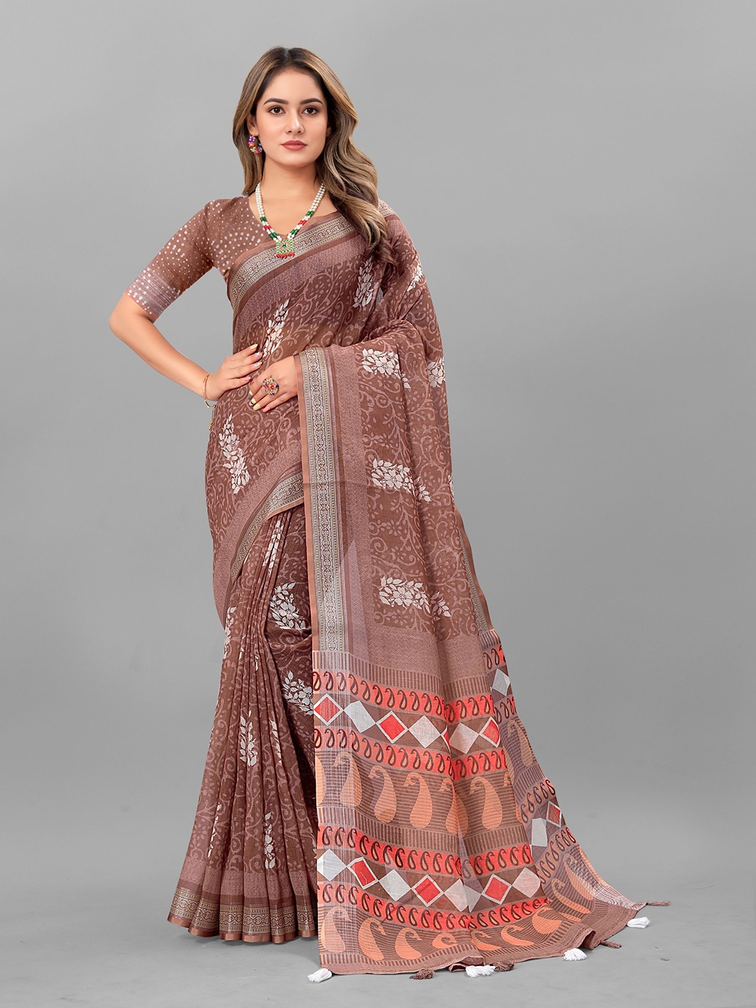 

KALINI Ethnic Motifs Zari Pure Linen Saree, Brown
