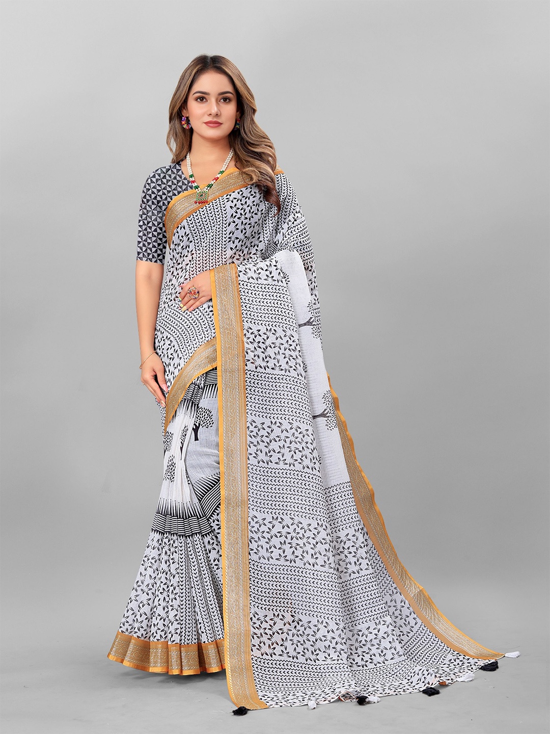 

KALINI Floral Pure Linen Jamdani Saree, Grey