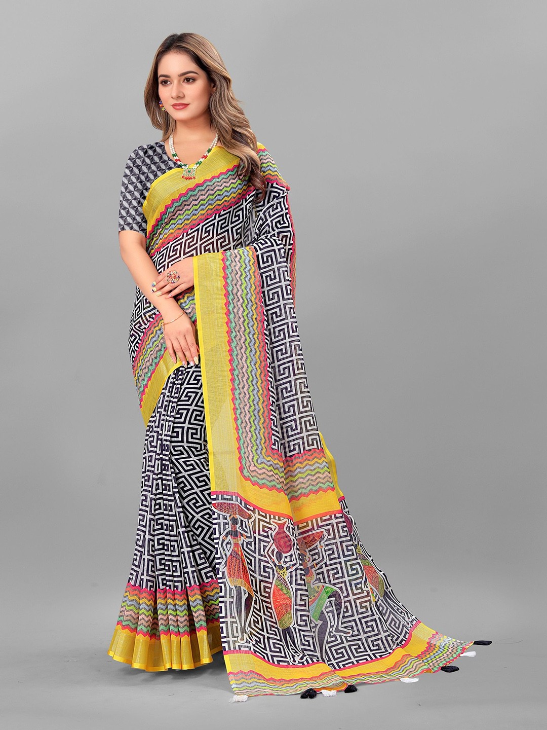 

KALINI Zari Pure Linen Saree, White