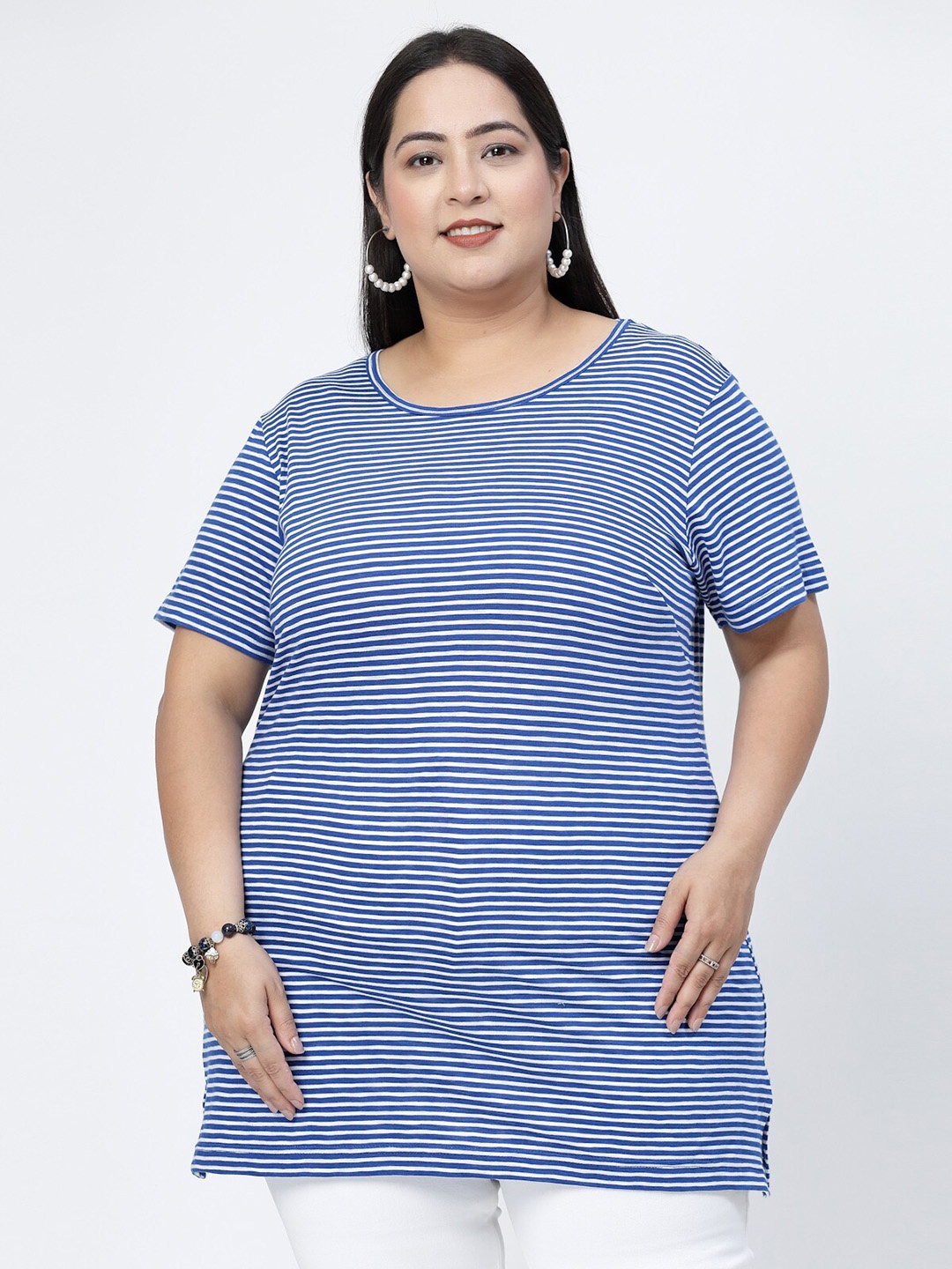 

plusS Round Neck Short Sleeves Striped Cotton Regular Fit Plus Size T-shirt, Blue