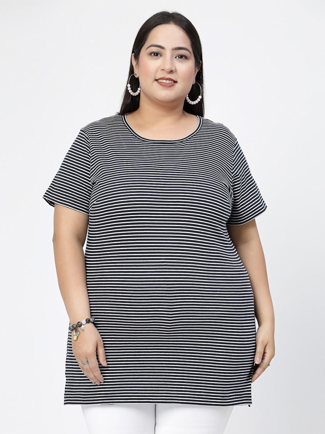 

plusS Round Neck Short Sleeves Striped Cotton Regular Fit Plus Size T-shirt, Navy blue