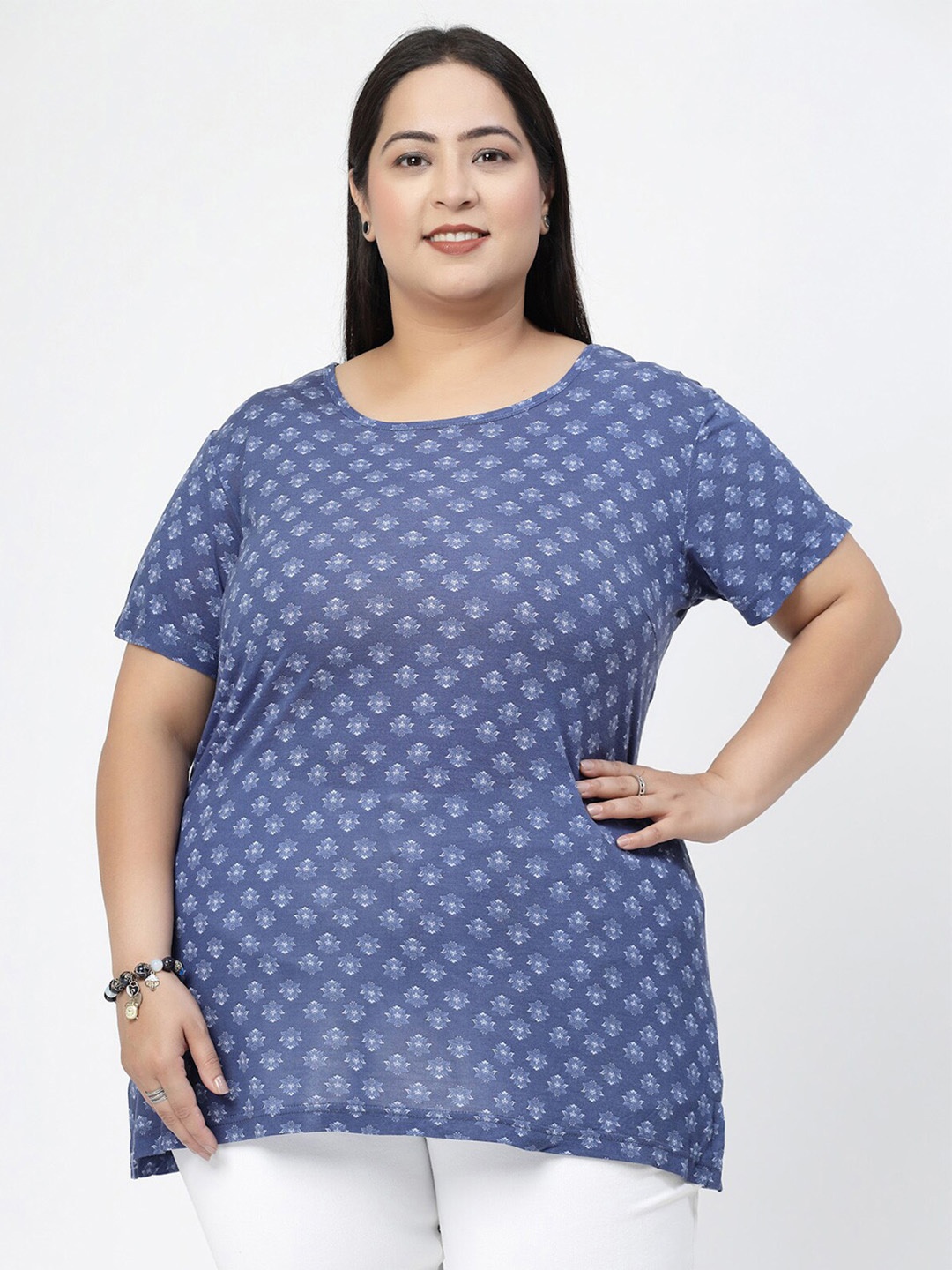 

plusS Floral Printed Round Neck Cotton T-shirt, Blue