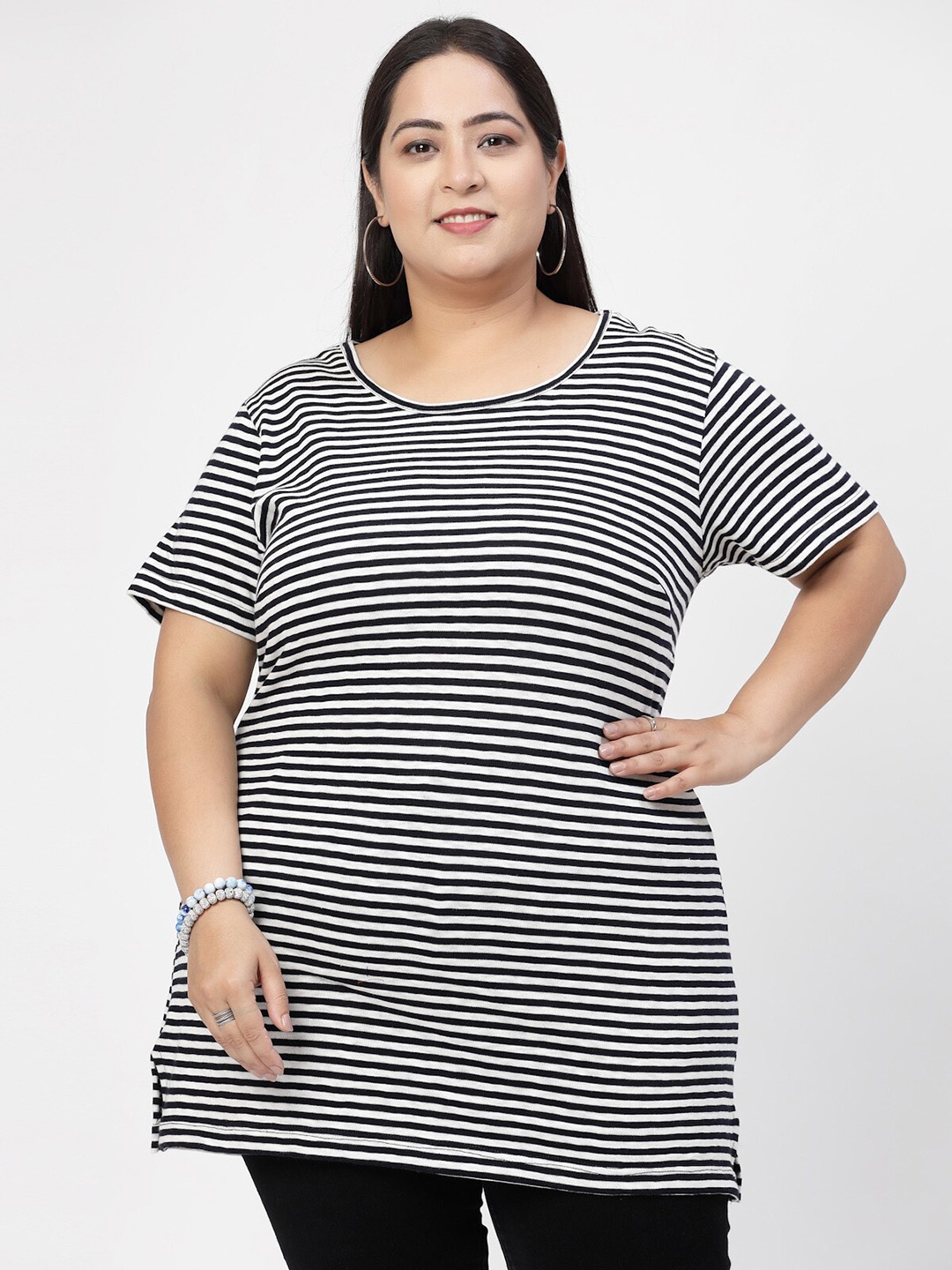

plusS Round Neck Short Sleeves Striped Cotton Regular Fit Plus Size T-shirt, Black