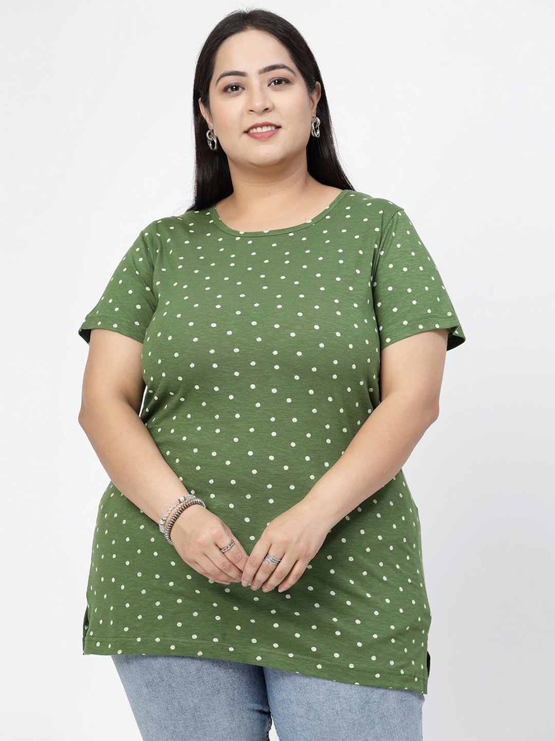 

plusS Green Polka Dots Printed Round Neck Pure Cotton Casual Longline T-shirt, Olive