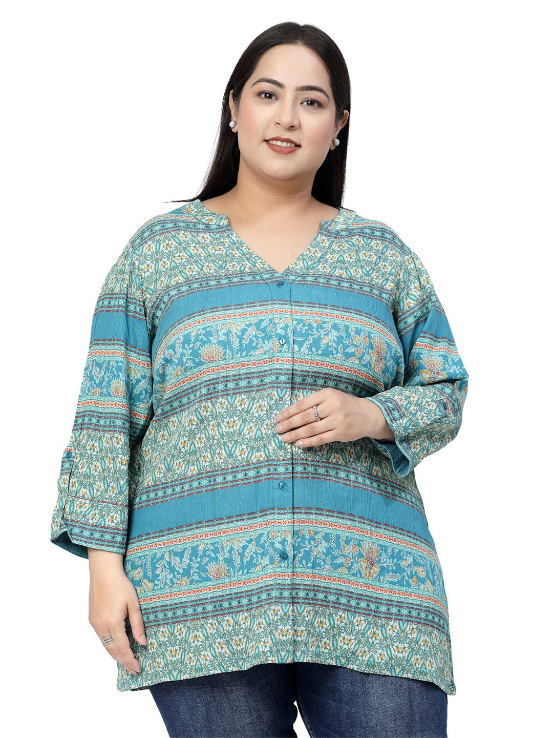 

plusS Sea Green Printed Ethnic Motifs Mandarin Collar Boxy Top