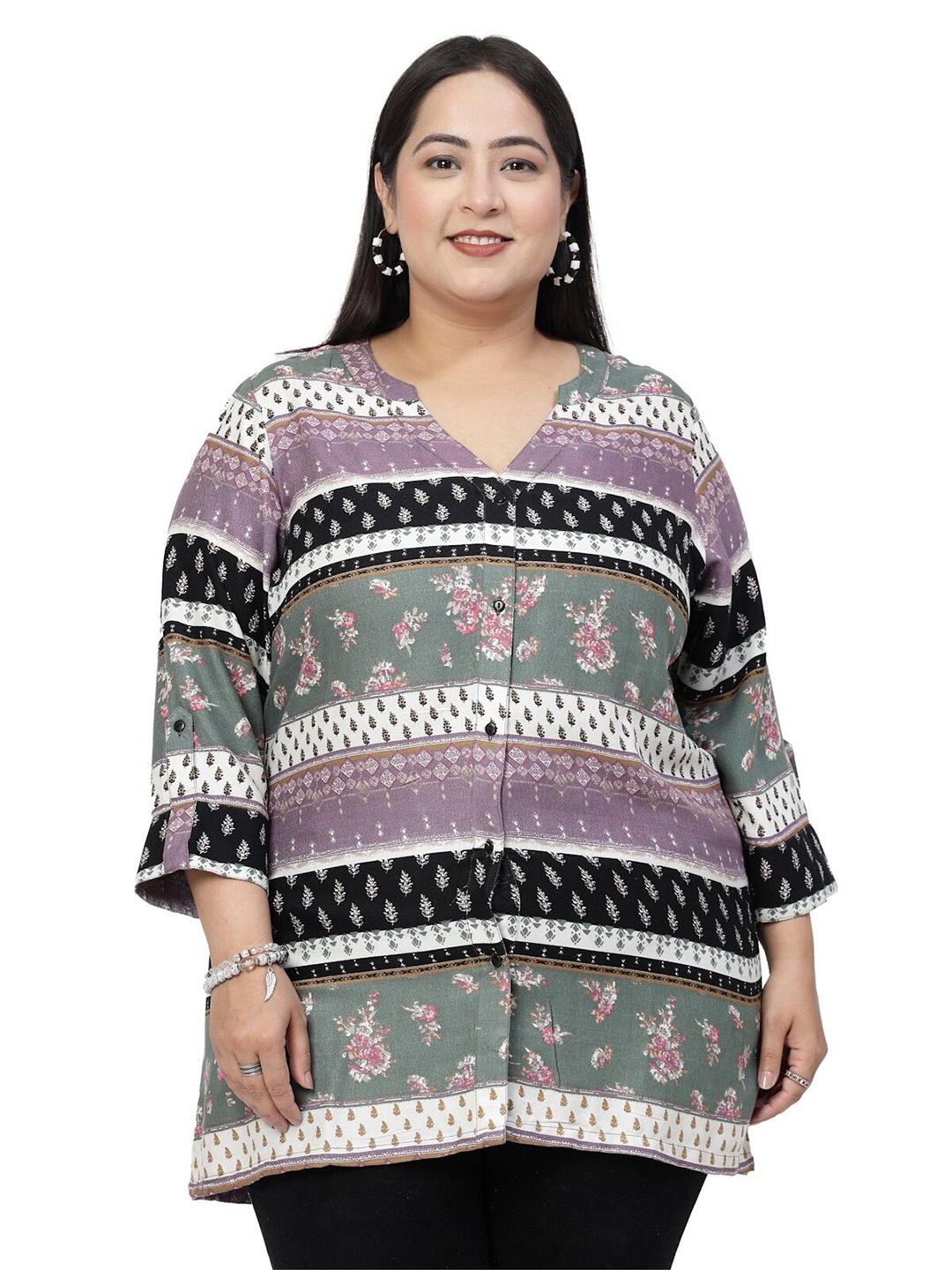 

plusS Sea Green & Pink Printed Ethnic Motifs Mandarin Collar Boxy Top