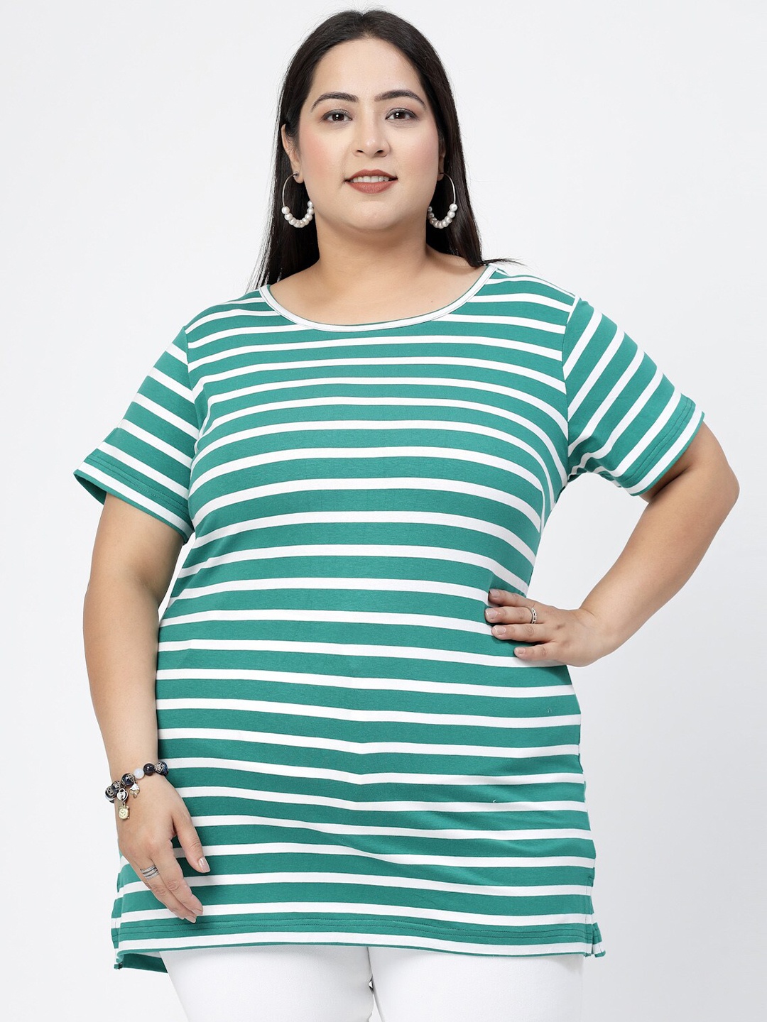 

plusS Plus Size Striped Printed Round Neck Short Sleeves Cotton T-shirt, Sea green