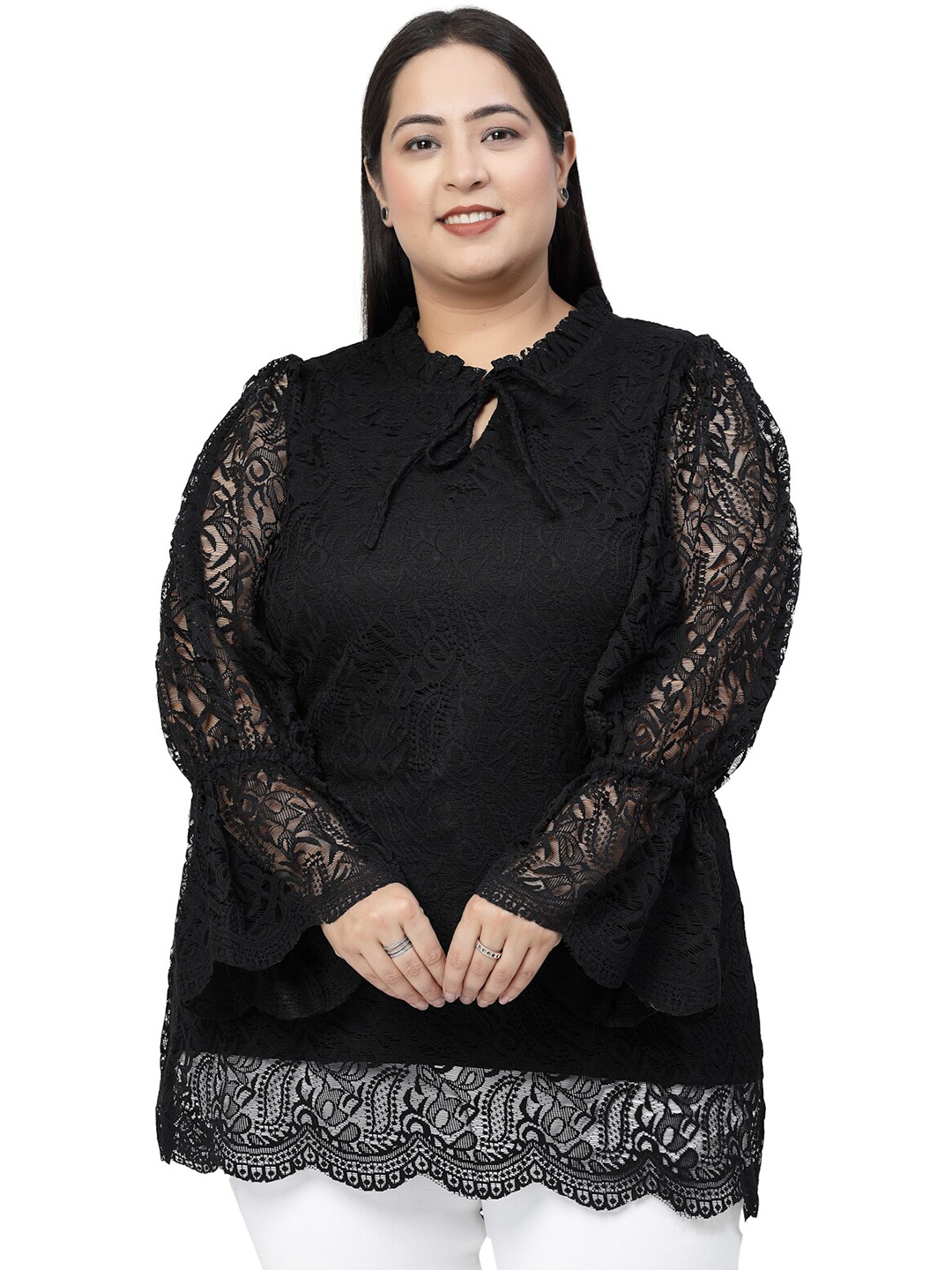 

plusS Floral Tie-Up Neck Long Sleeves Top, Black