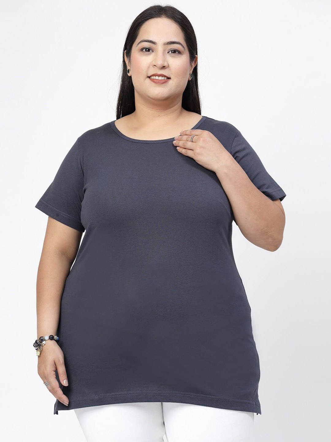 

plusS Round Neck Short Sleeves Cotton Regular Fit Plus Size T-shirt, Navy blue