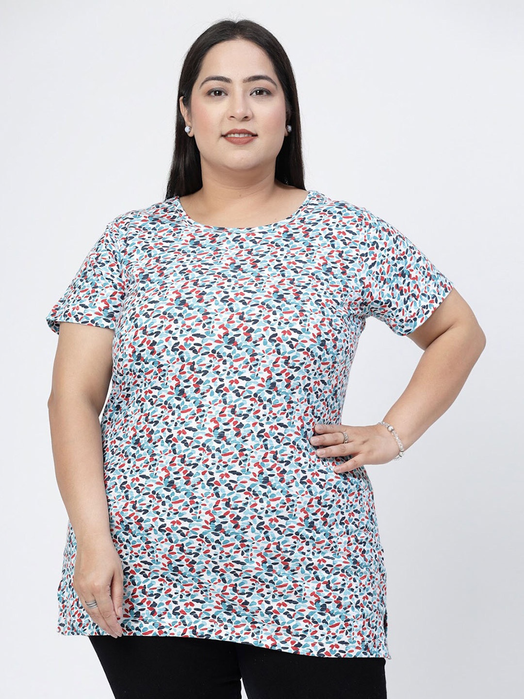 

plusS Round Neck Short Sleeves Abstract Printed Cotton Regular Fit Plus Size T-shirt, Multi