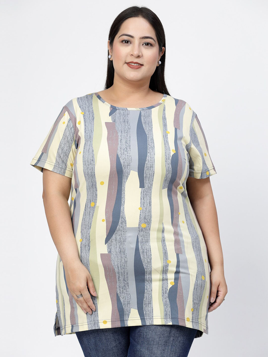 

plusS Grey Abstract Printed Drop-Shoulder Sleeves Cotton Casual T-shirt