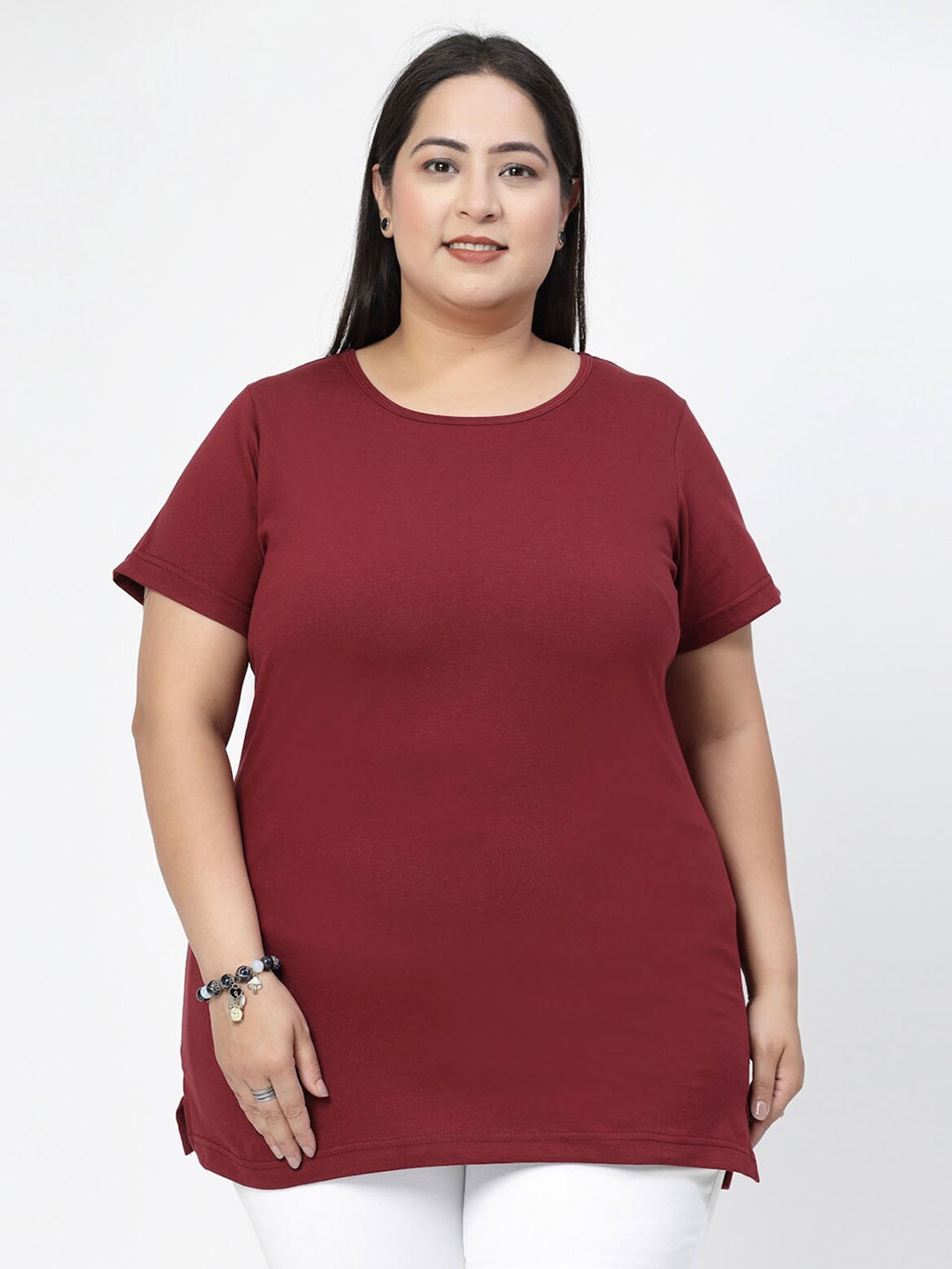 

plusS Round Neck Short Sleeves Cotton Regular Fit Plus Size T-shirt, Maroon