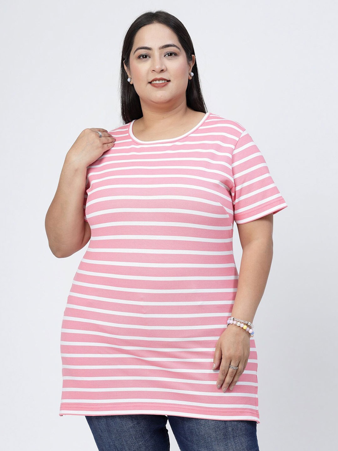 

plusS Pink Striped Round Neck Short Sleeves Cotton T-shirt
