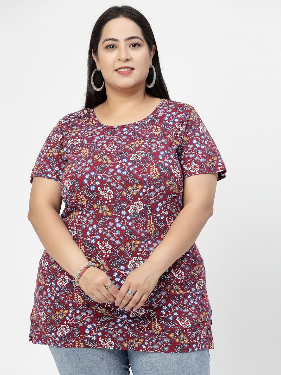 

plusS Round Neck Short Sleeves Floral Printed Cotton Regular Fit Plus Size T-shirt, Maroon