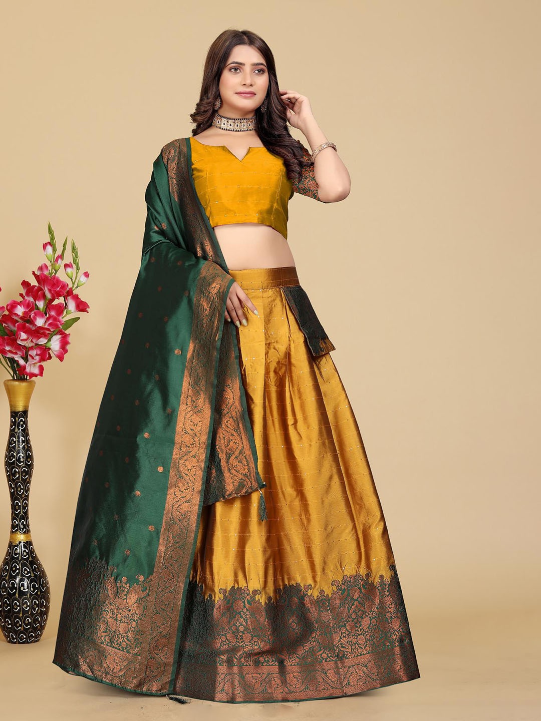 

MAHALASA Woven Design Semi-Stitched Lehenga & Blouse With Dupatta, Mustard