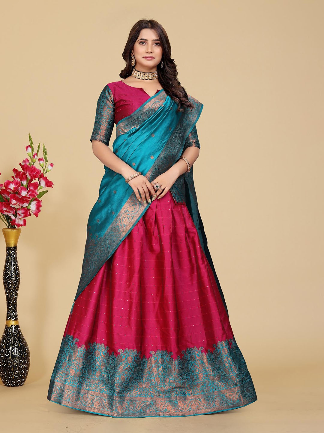 

MAHALASA Woven Design Semi-Stitched Lehenga & Blouse With Dupatta, Pink