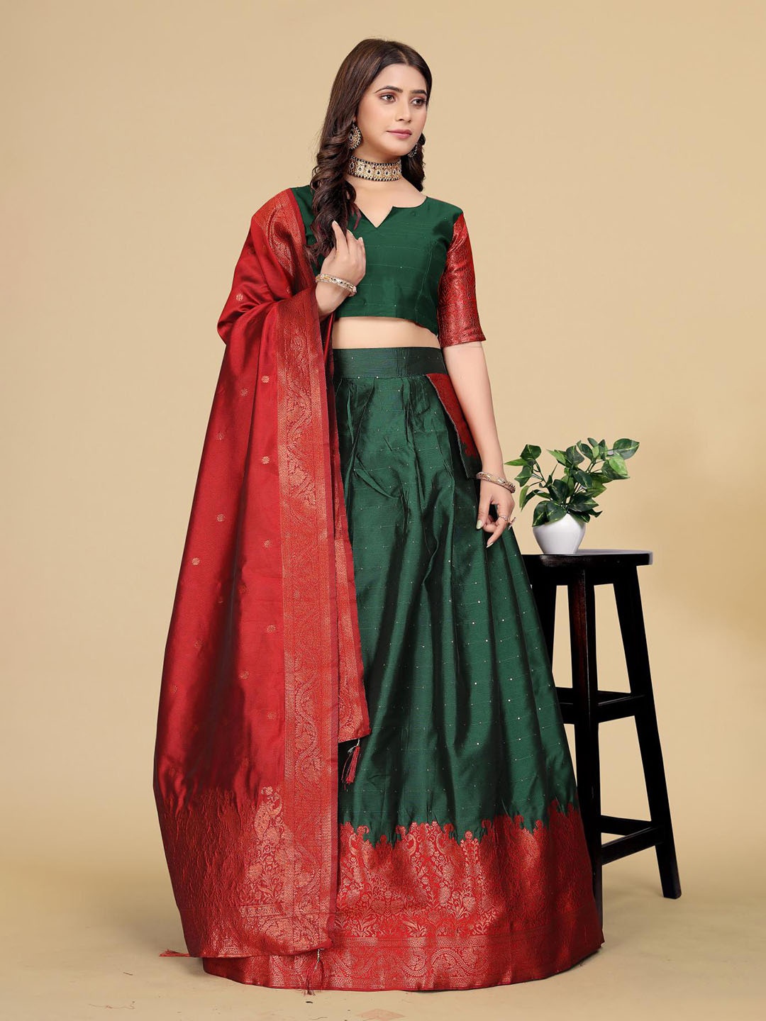 

MAHALASA Woven Design Semi-Stitched Lehenga & Blouse With Dupatta, Green