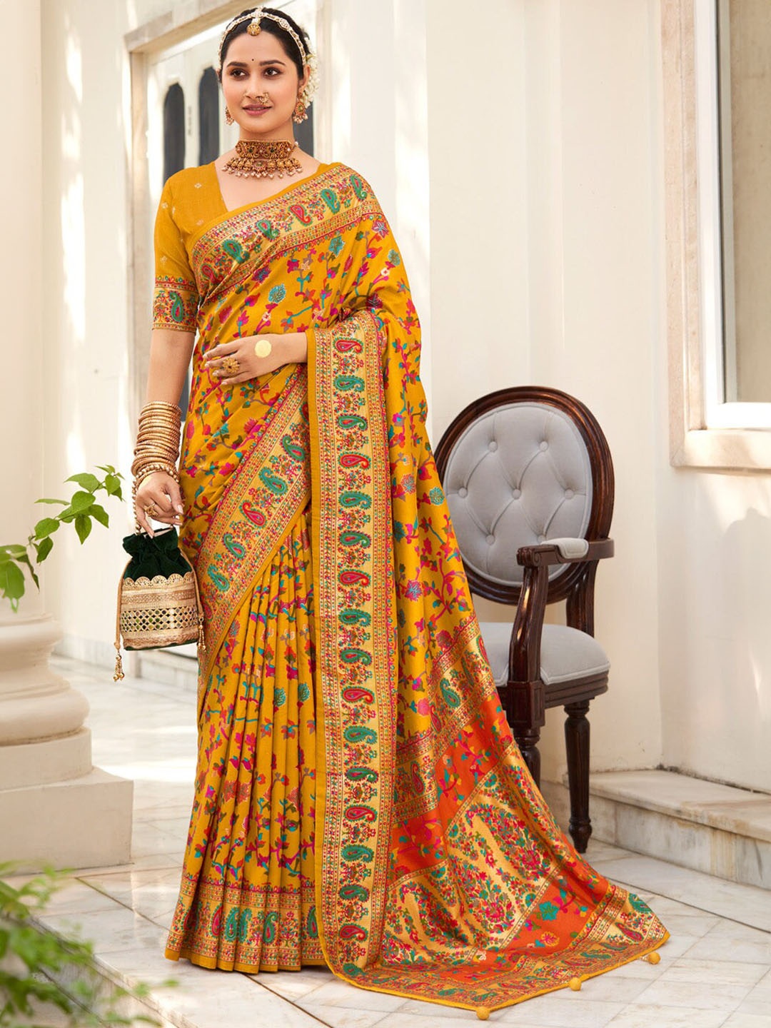 

MySilkLove Floral Zari Silk Blend Banarasi Saree, Yellow