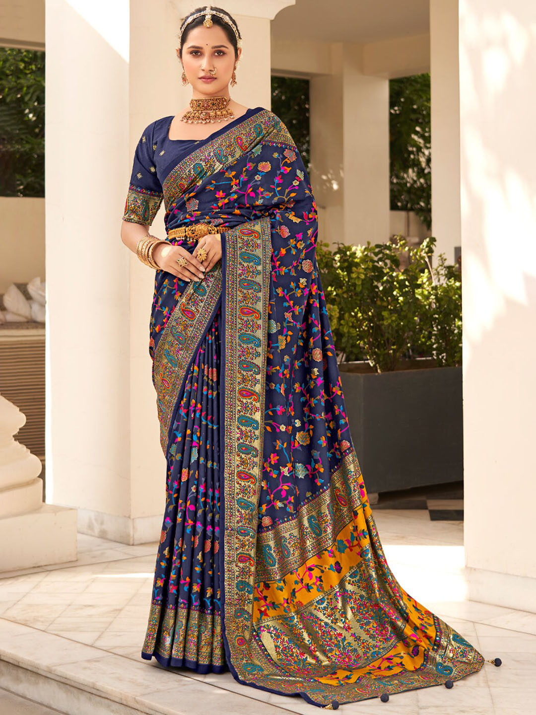 

MySilkLove Floral Silk Blend Bagh Saree, Navy blue