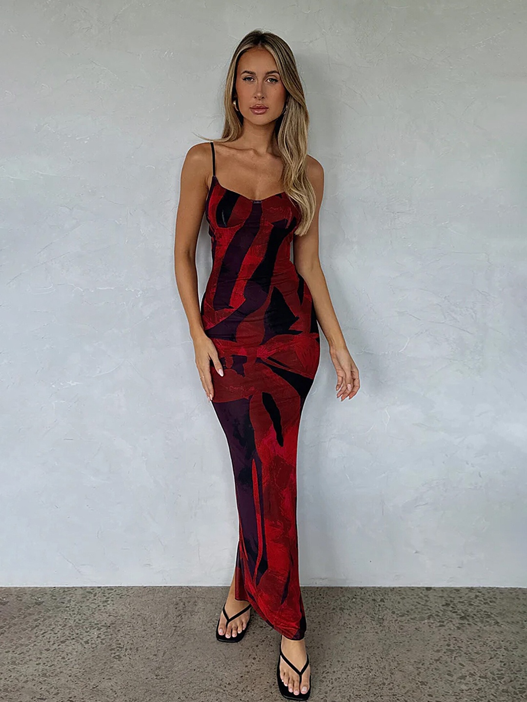 

LULU & SKY Abstract Print Shoulder Straps Maxi Dress, Red