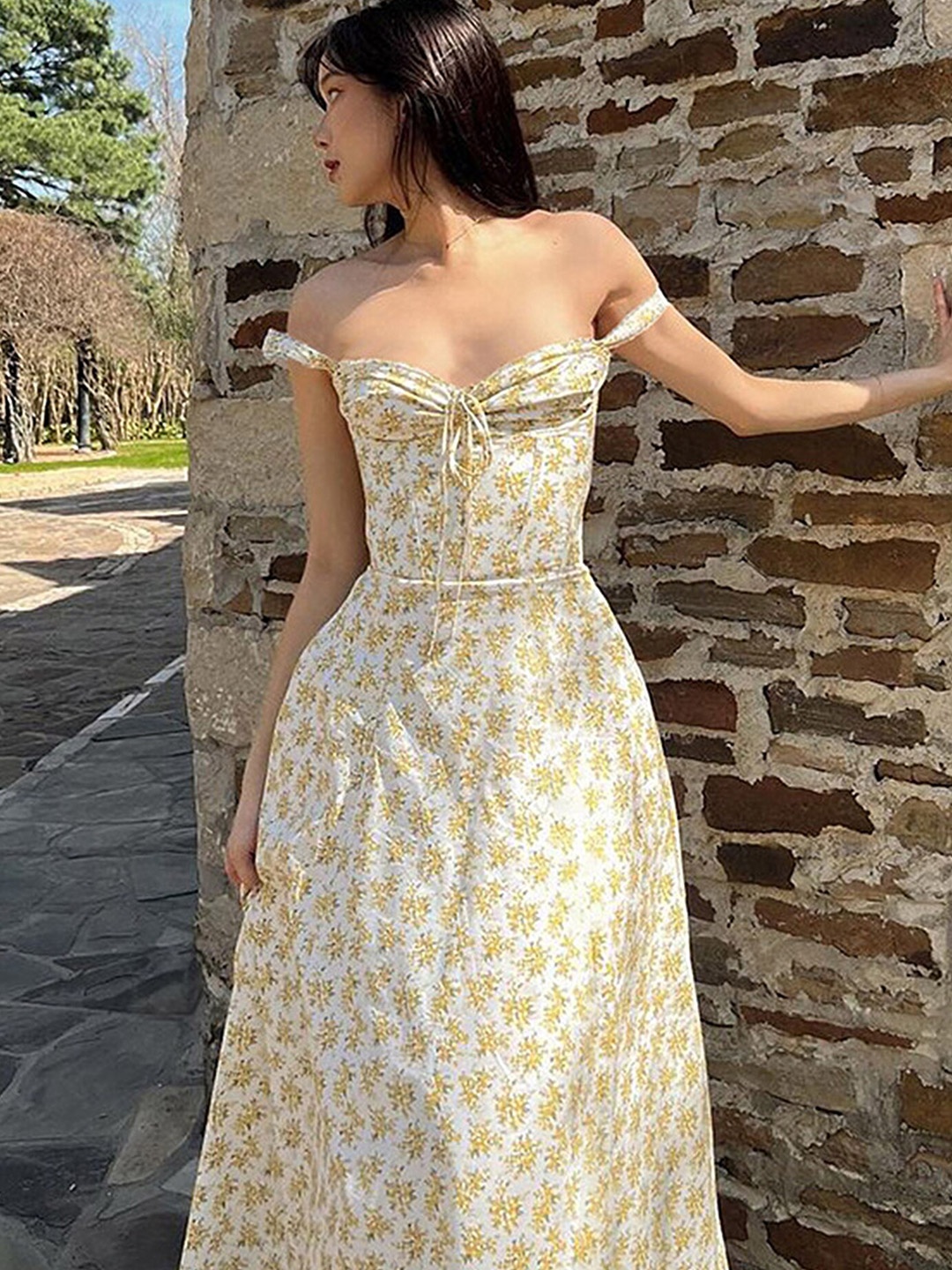 

LULU & SKY Floral Print Off-Shoulder Gathered A-Line Midi Dress, Yellow