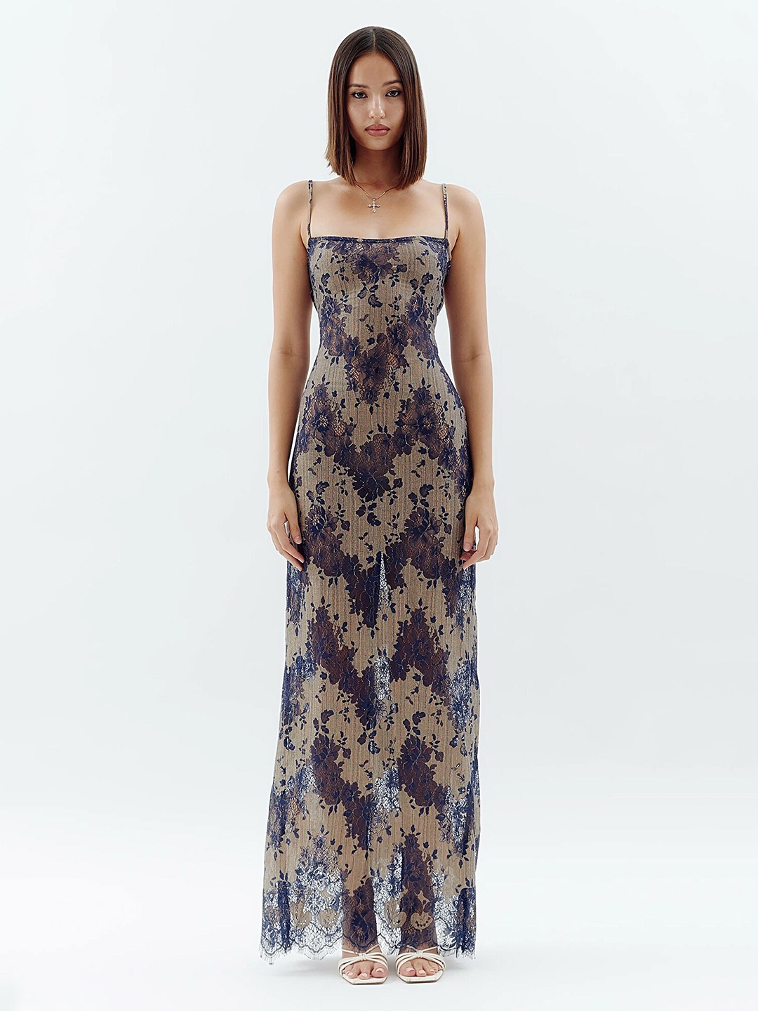 

LULU & SKY Floral Printed Shoulder Straps Lace-Up Maxi Dress, Blue