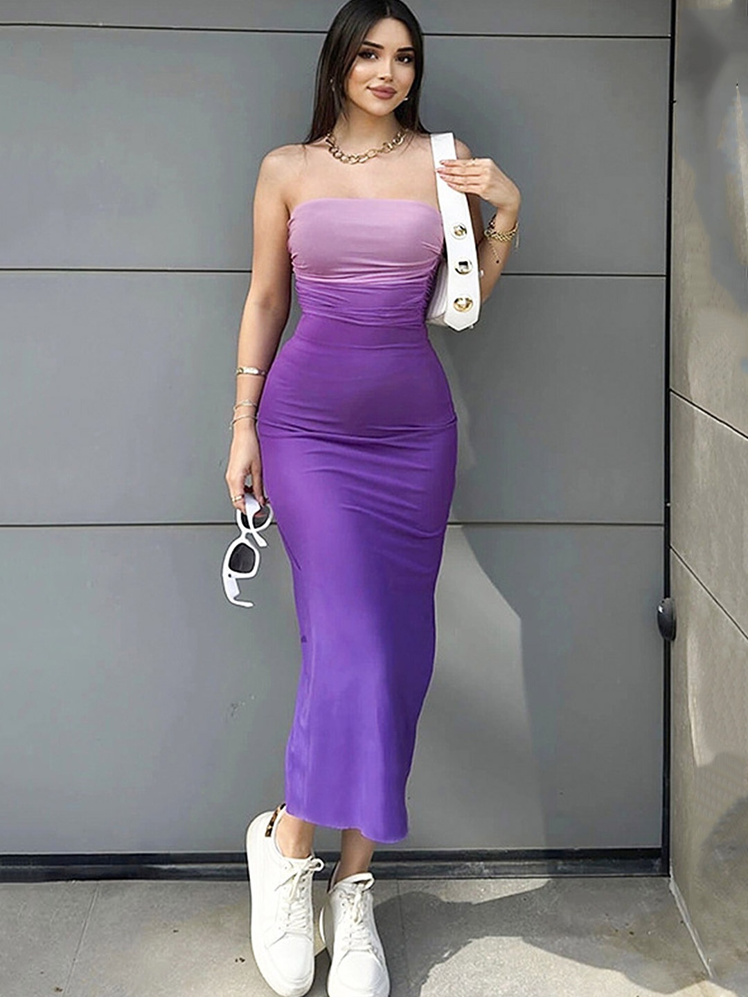 

LULU & SKY Strapless Gathered or Pleated Detail Maxi Dress, Purple